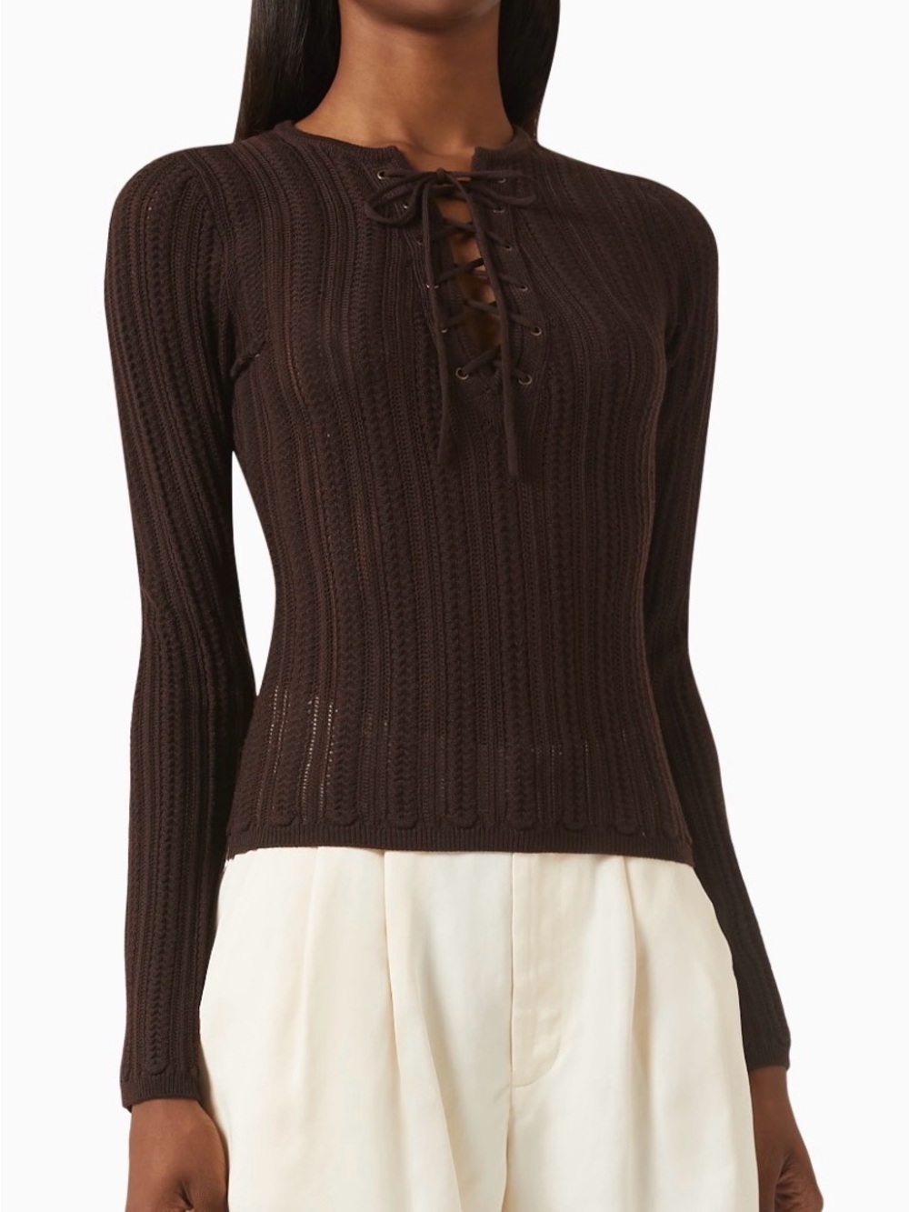 EUC Reformation Nadia Regenerative Merino Lace Up Sweater Brown Medium